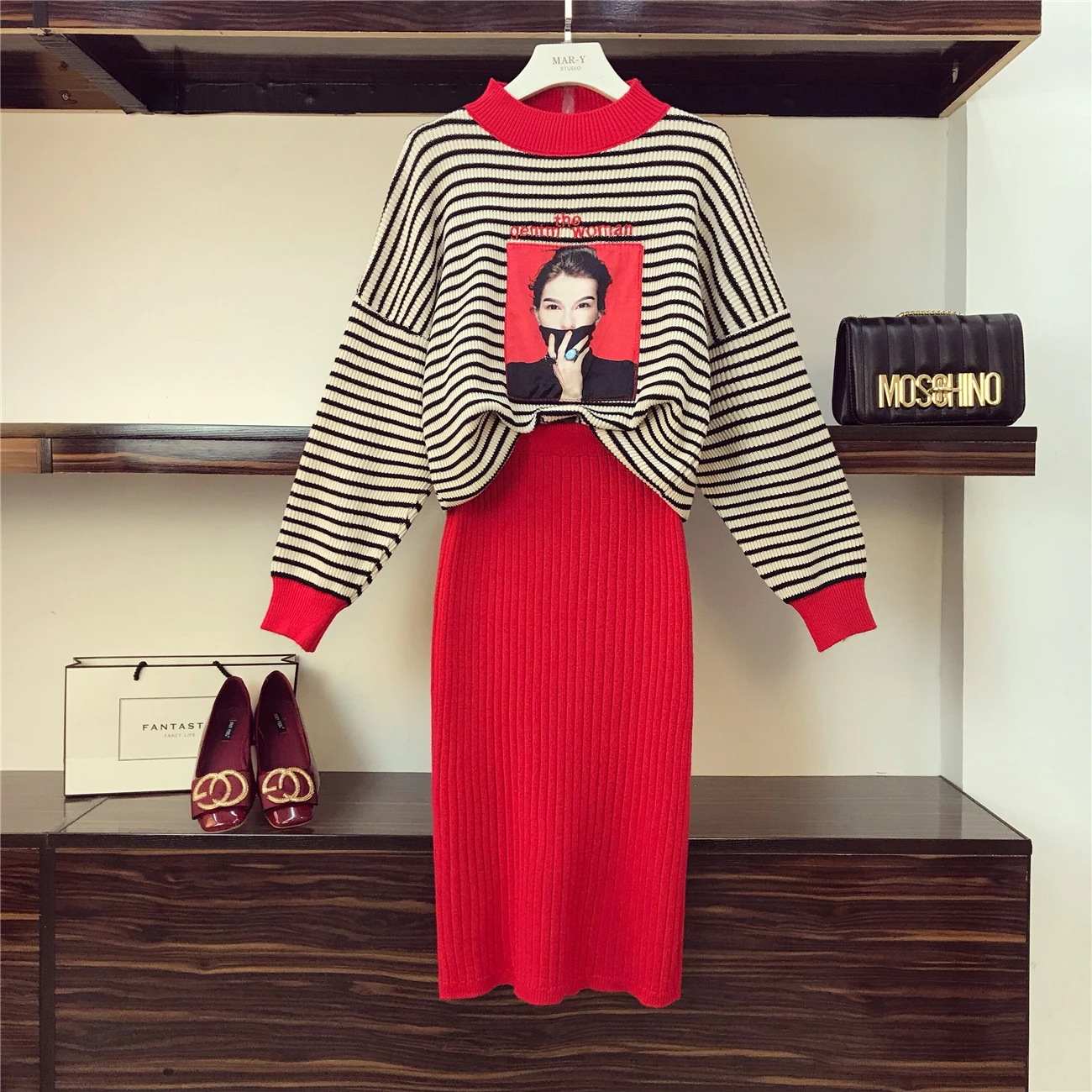 Женский костюм ALPHALMODA осенне зимний повседневный блузка в полоску топ однотонная