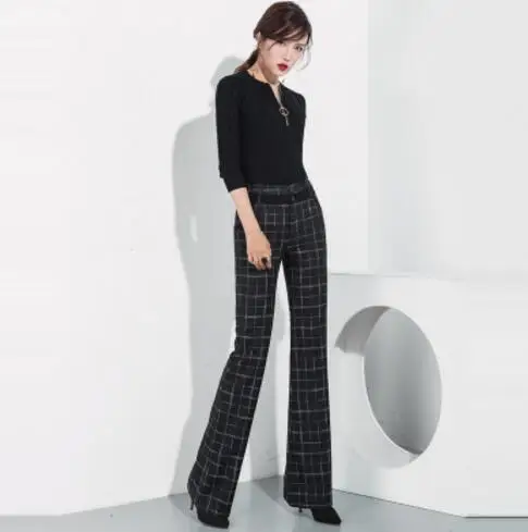 dark gray plaid Новые женские клетчатые Широкие штаны Свободные шерстяные брюки прямые длинные синие серые английские Ol стильные женские штаны A3949 - Цвет: dark gray plaid