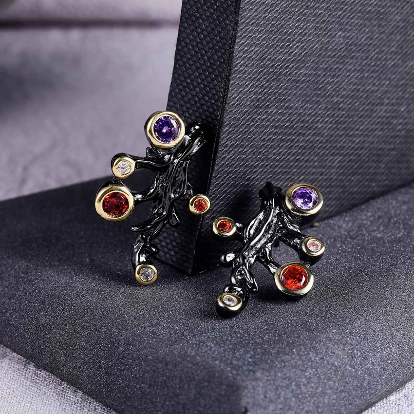 ZHE FAN Vintage Stud Earrings For Women AAA CZ Zirconia Black Gold Color Tree Branch 2 Tone Plating Jewelry Party Gift |