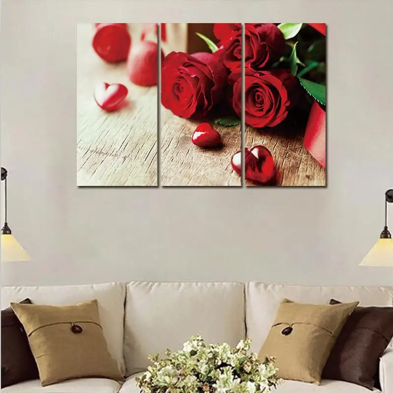 Настенная картина с цветами красная роза капли дождя 3 шт. печать на холсте