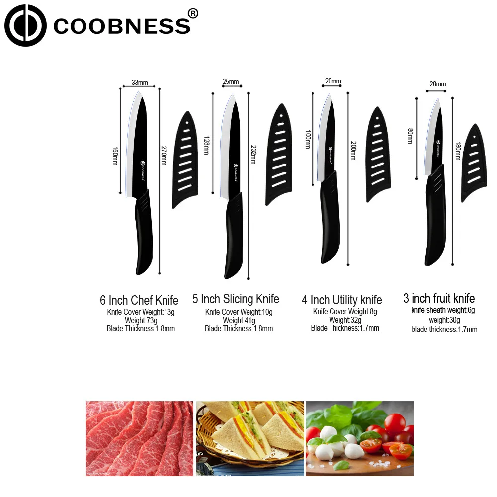 COOBNESS керамический кухонный нож для очистки овощей, универсальный нож для нарезки " 4" " 6" с одной черной ручкой, черное лезвие, керамический нож в подарок