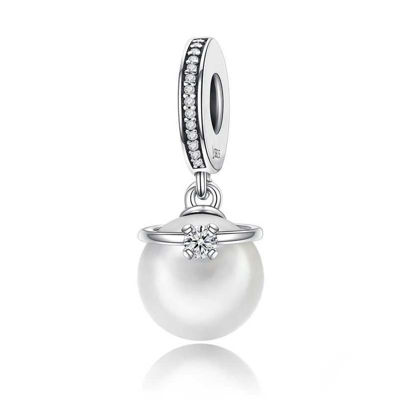 white WOSTU, горячая распродажа, 925 пробы, серебро и черный жемчуг, с CZ кольцом, Висячие, шарм, подходят к оригинальным бусинам, браслет, подвеска, ювелирное изделие CQC572 - Цвет: white