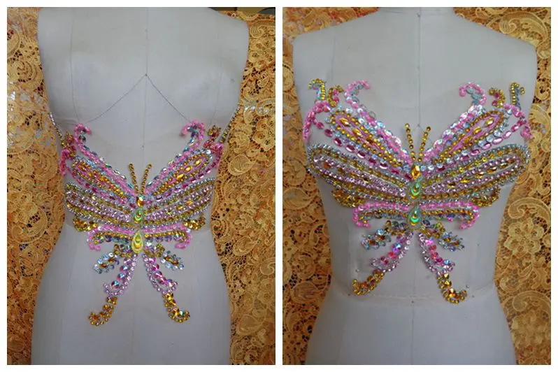 

hand made dazzling pink/golden/clear AB colour sew on Rhinestones applique Butterfly shape crystals patches 27*27cm accessory