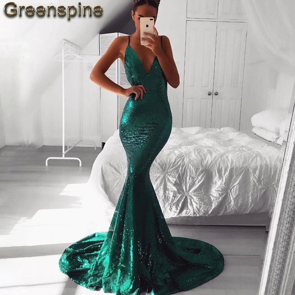 Простой изумрудно зеленый платье на выпускной Русалка 2019 блестящее женское