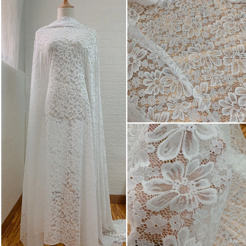 LFY LACE 1 Meter 150 cm Elastic high end cord off white lace spandex raschel fabric for wedding dress garment | Дом и сад