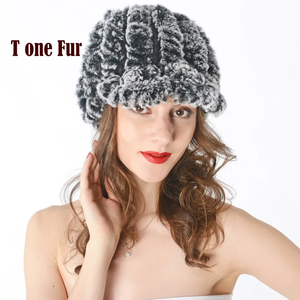 Женские вязаные шапки с козырьком из натурального кроличьего меха зимние теплые