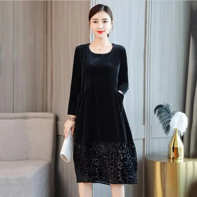 Женское вельветовое платье с длинным рукавом Черное длинное винтажное из