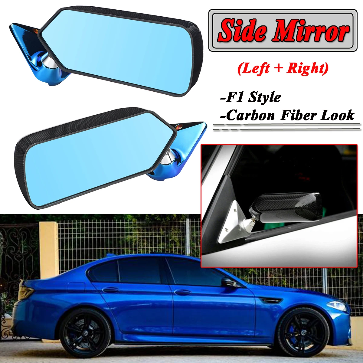 

2x Universal Car Side Mirror Rearview Wing Retro Mirror Metal Bracket Side Mirror Set F1 Style Carbon Fiber Look Blue