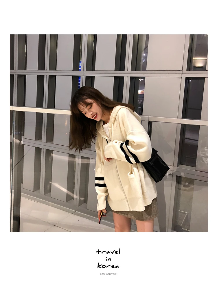 Woherb Harajuku Knitted Cardigan Women Korean Style Modis Striped Print Hooded Sweater Coat Girls Casual Runway Sweaters