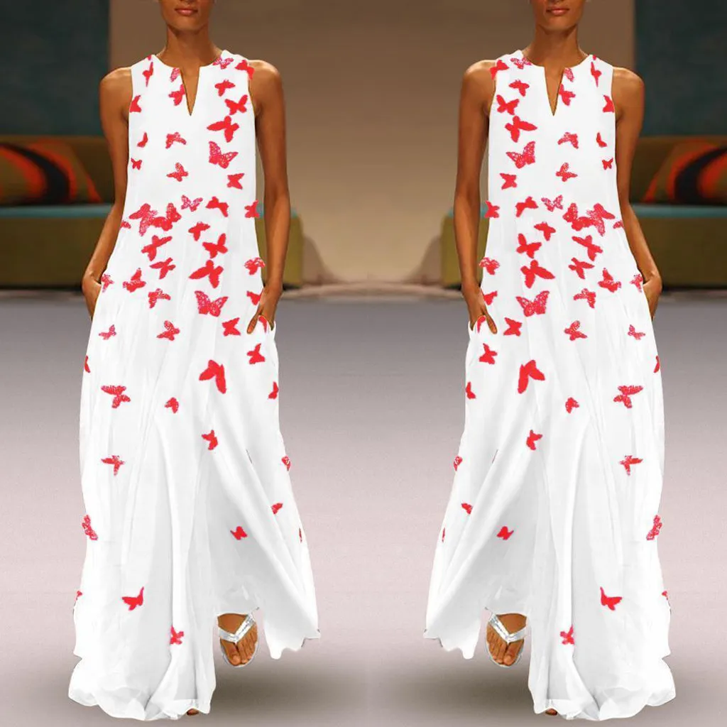 Женское винтажное длинное платье повседневное Элегантное без рукавов с v