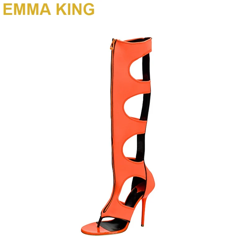 

2019 Sexy Orange Knee High Boots Front Zipper Gladiator Sandals Fashion Summer Shoes Women High Heels Sandals Big Size 35-43