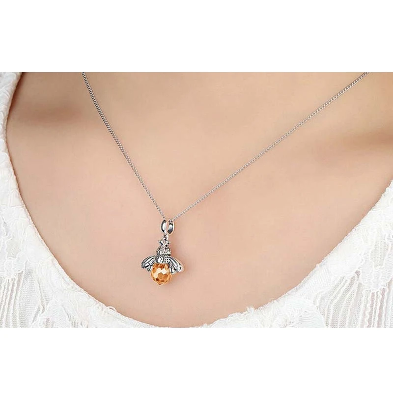 

Lovely 925 Real Siver Yellow Luminous Crystal Bee Design Pendant fit Women Charm Necklace Bracelets DIY Jewelry Girlfriend Gift