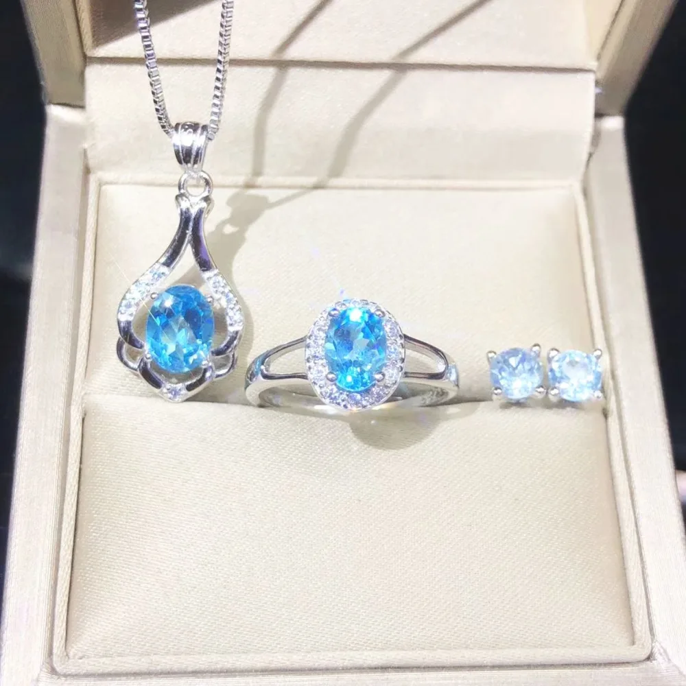 

Beautiful Woman Gemstone Necklace Stud Earrings Rings Jewelry Set Natural Topaz Crystal Pendant Necklace Party Wedding Jewelry