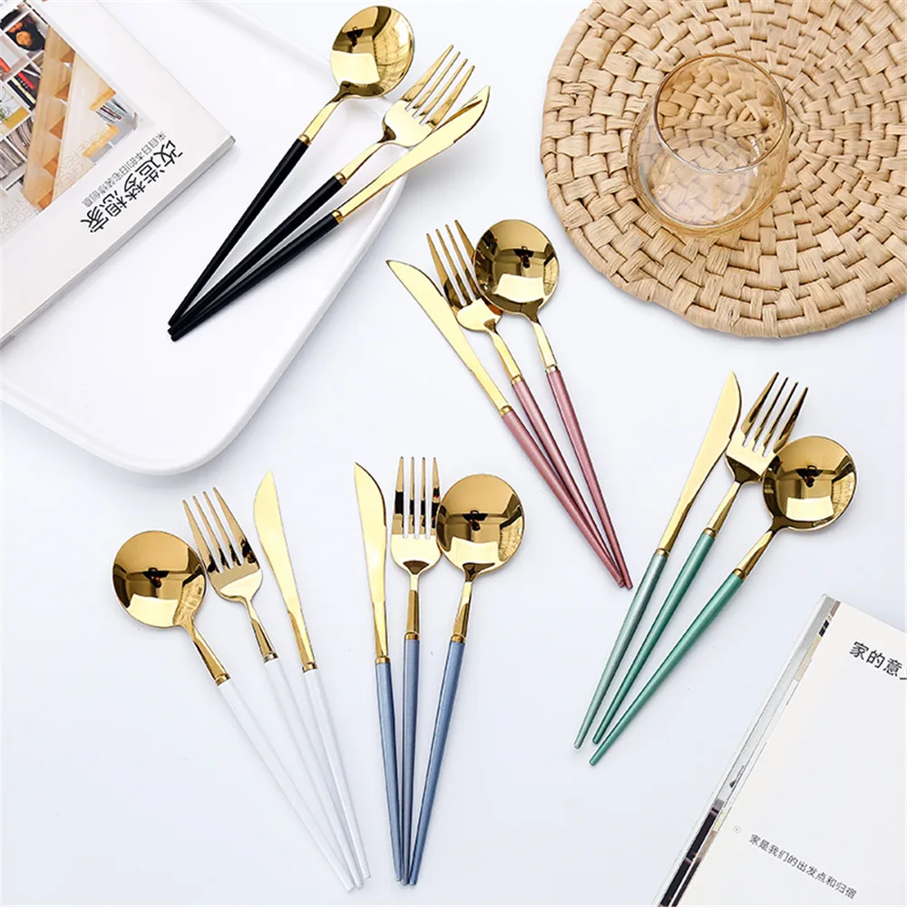 Набор посуды из нержавеющей стали 304 золотые серебристые розовые наборы с ножом