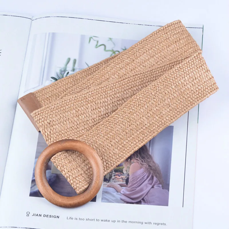 Ремень соломенный прочный унисекс модный однотонный пояс с круглой пряжкой для