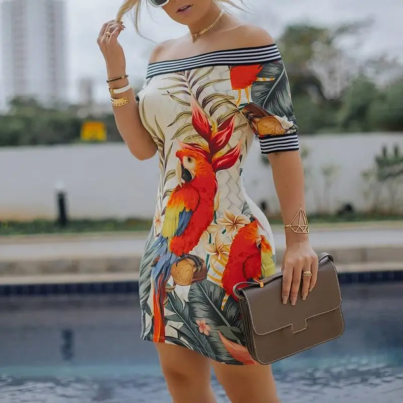 

Multicolor Print Striped Slash Neck Bodycon Dress Women Half Sleeve Party Dress