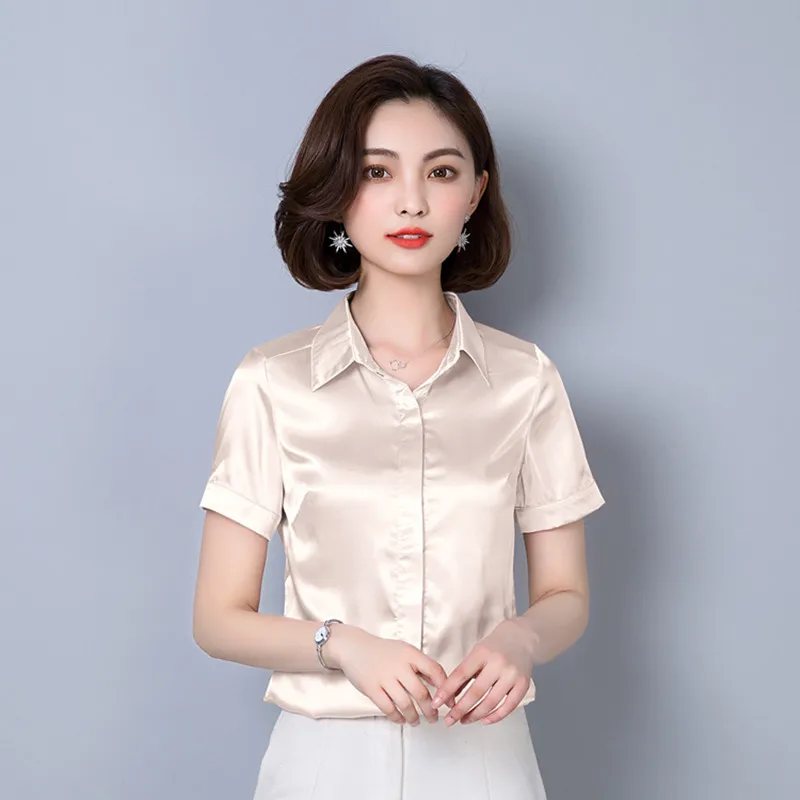 Женские топы и блузки Летняя Повседневная шелковая блуза Harajuku Blusas Feminina топы сексуальные розовые рубашки размера плюс XL/XXXL женские топы - Color: Champagne