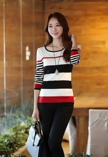 pullover Sweater Free shipping fashion sweater stitching Slim round neck long-sleeved striped shirt 8826 | Женская одежда