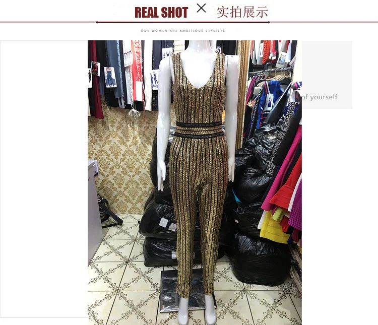 Women's Jumpsuit Sexy Bodycon Sequined Long Hollow Out Strappy Bodysuit V-neck Halter Party Jumpsuits Ladies Backless Overalls