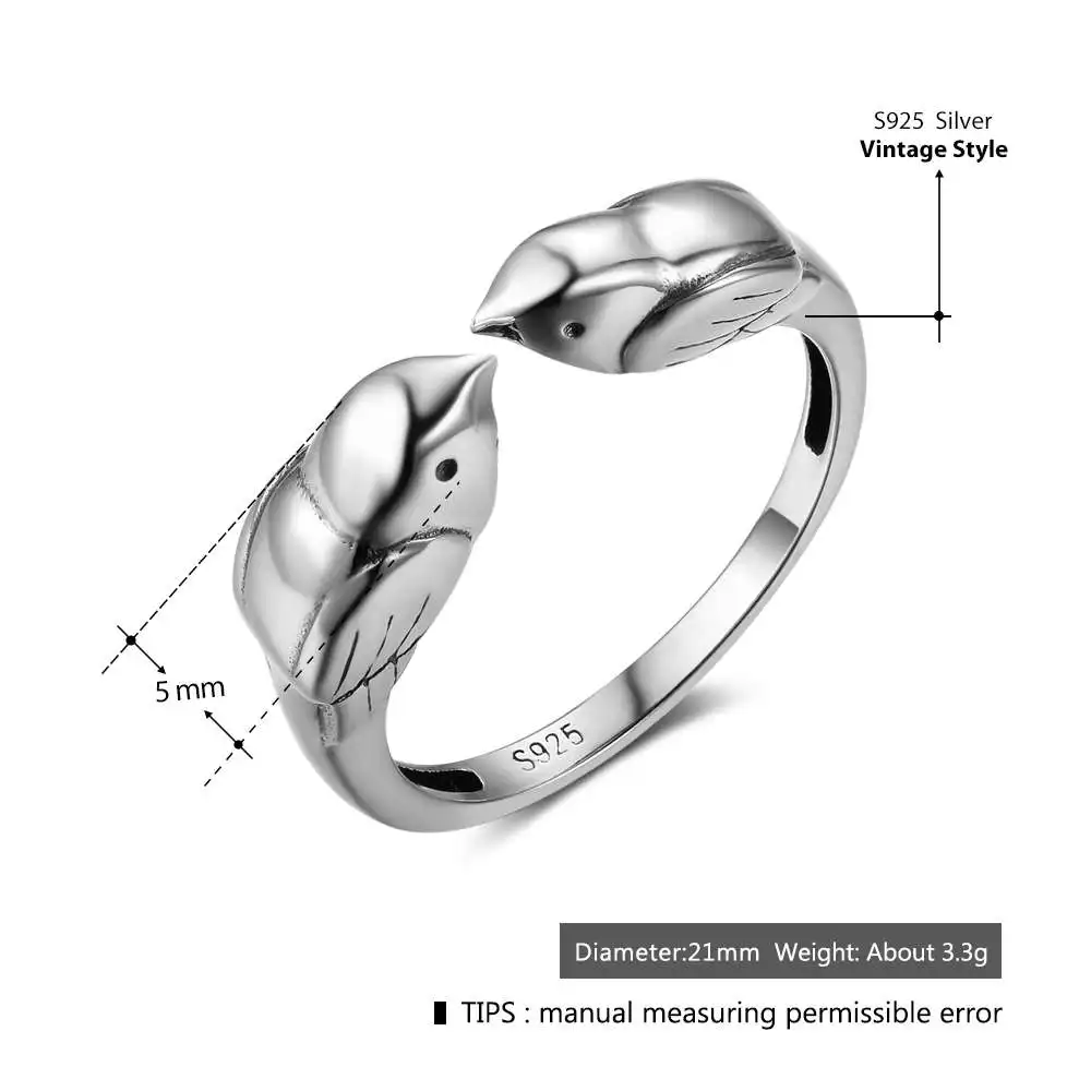 Женские кольца из стерлингового серебра 925 пробы с двойными маленькими птицами