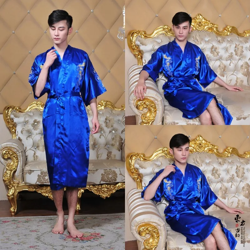 Банный халат Для женщин Китайский Стиль Атласный вышивка дракон Gown Robe женские