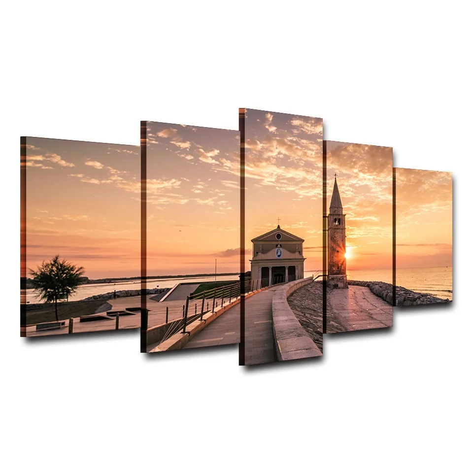 

Modern Printing Type Poster Canvas Painting HD Print 5 Panel Tower Sunset Landscape Wall Art Pictures Modular Vintage Home Decor