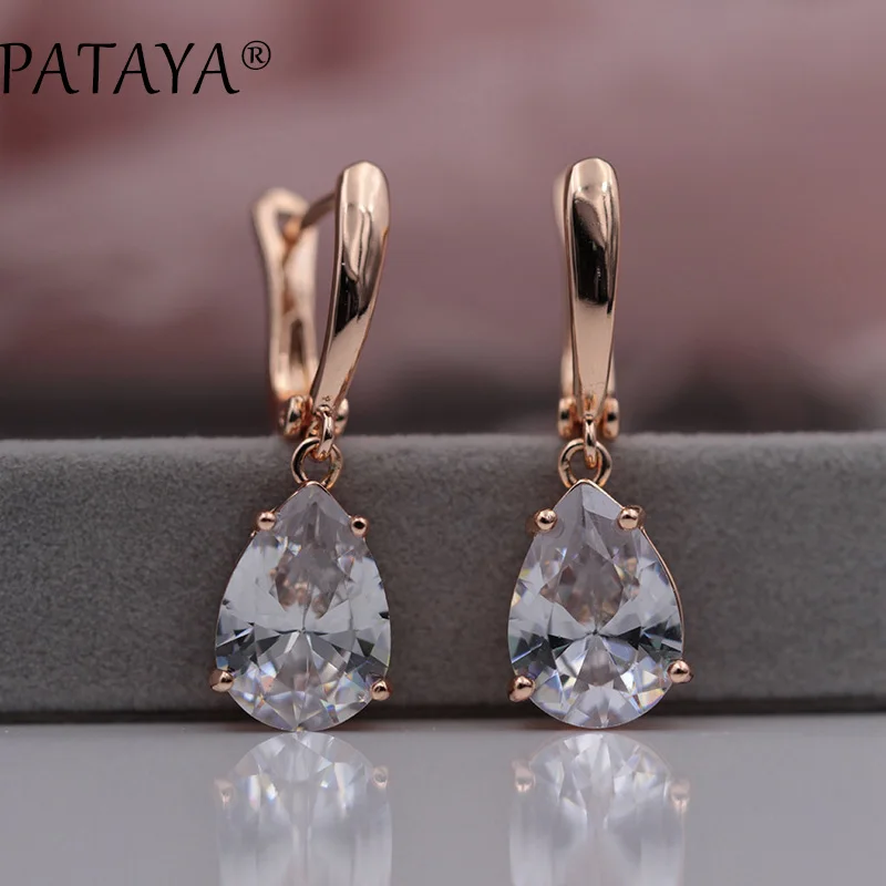 White PATAYA, новые длинные серьги для женщин, модные ювелирные изделия для вечеринок, 585, розовое золото, лунный камень, цвет, капля воды, натуральный циркон, свисающие серьги - Окраска металла: White