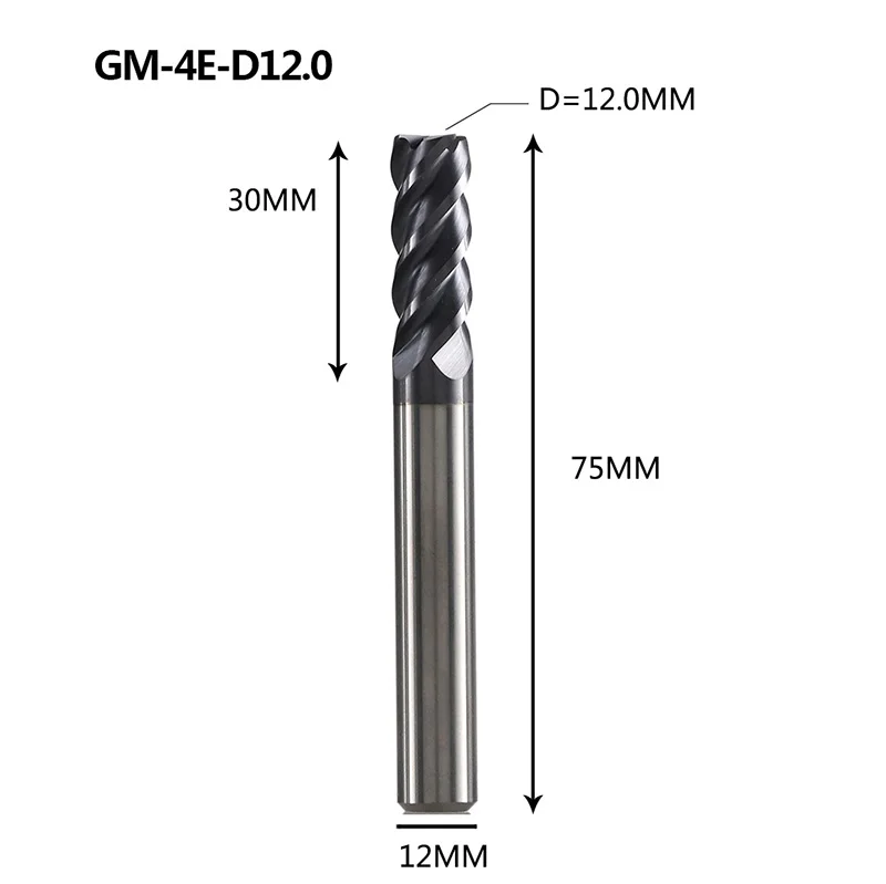 GM-4E-D12.0 GM-4E Вольфрамовая сталь 4 флейты квадратной головкой с покрытием Концевая фреза Фрезерный резак режущие инструменты для обработки металла профиль HRC45 - Длина режущей кромки: GM-4E-D12.0