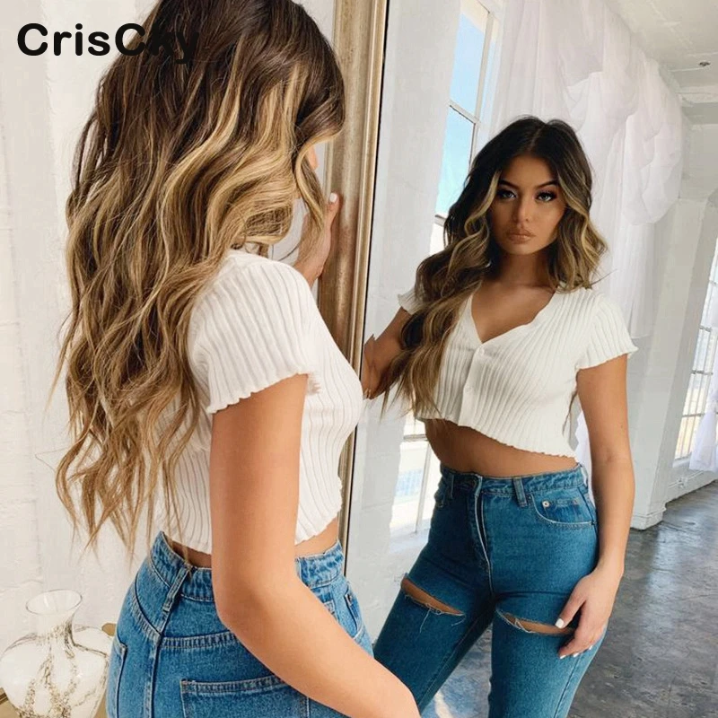 CRISCKY Новая Летняя Сексуальная Кнопка Футболка женская с v-образным вырезом