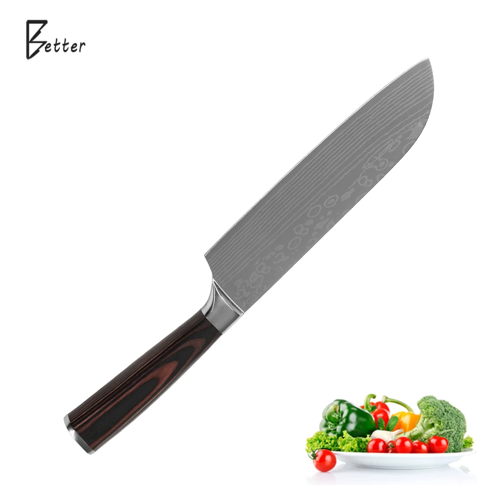 Сантоку нож 7 дюймов кухонный мода лазерная вен лезвие из нержавеющей стали