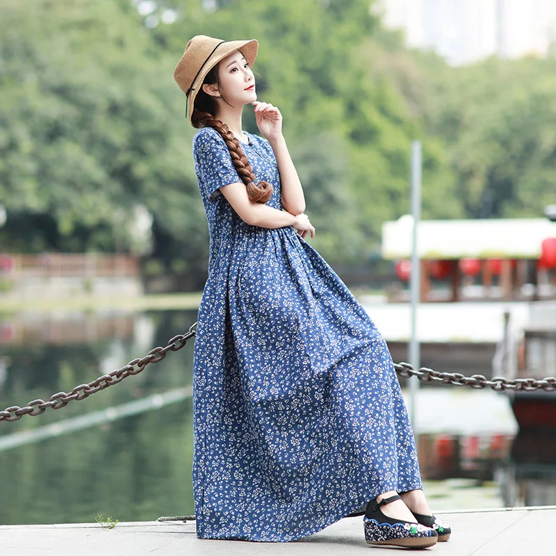 Summer Dresses Women Printed Indie Folk V-Neck Collar Frog Button Loose Short Sleeve Casual Female Ankle-Length Fashion | Женская одежда