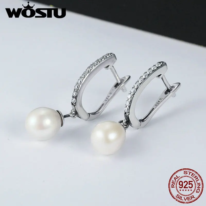 Женские серьги подвески WOSTU изящные из 100% чистого серебра с пресноводным