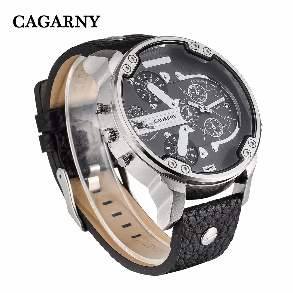 

Cool Men Watch Black Leather Strap Mens Quartz Watches Man Luxury Brand Cagarny Dual Times Military Relogio Masculino SPORT xfcs