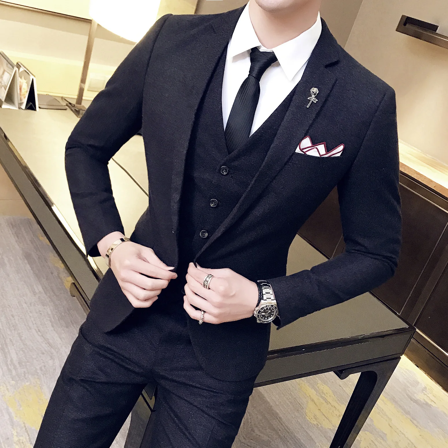 

Autumn and winter wool suit men's suits three-piece set plaid suit