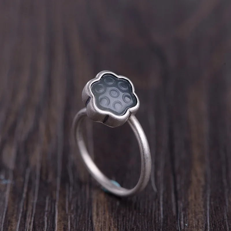 Подлинное твердое кольцо серебро 925 Лотос нефрит женские кольца из натурального