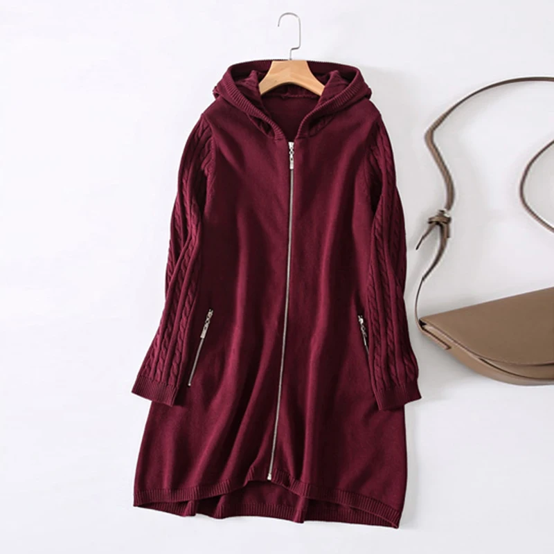 Женский вязаный шерстяной кардиган с капюшоном свободный свитер большого