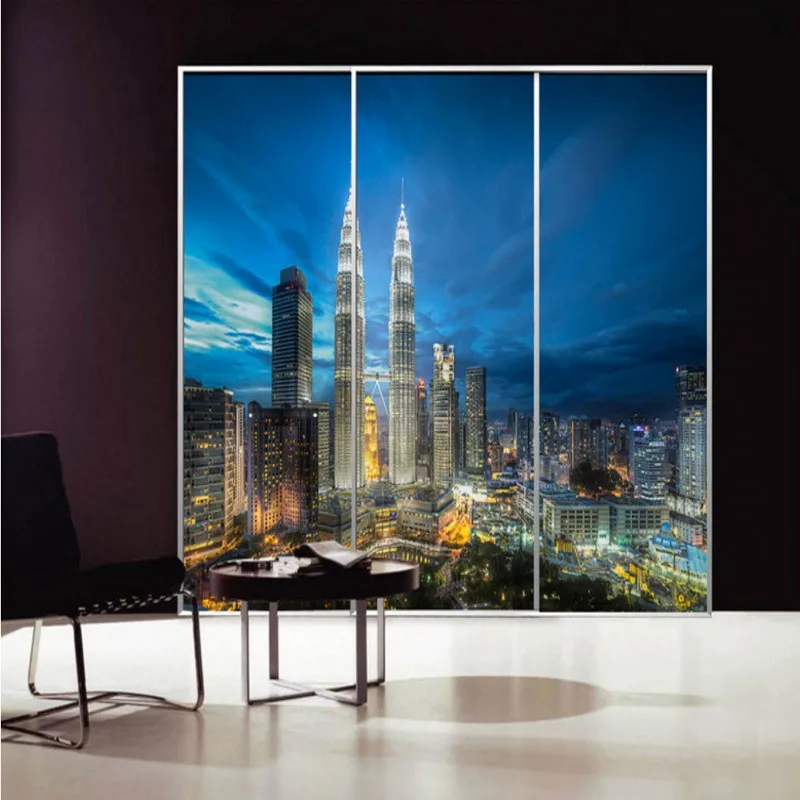 Фотообои современный город ночной вид HD роспись ресторан кафе коридор торговый