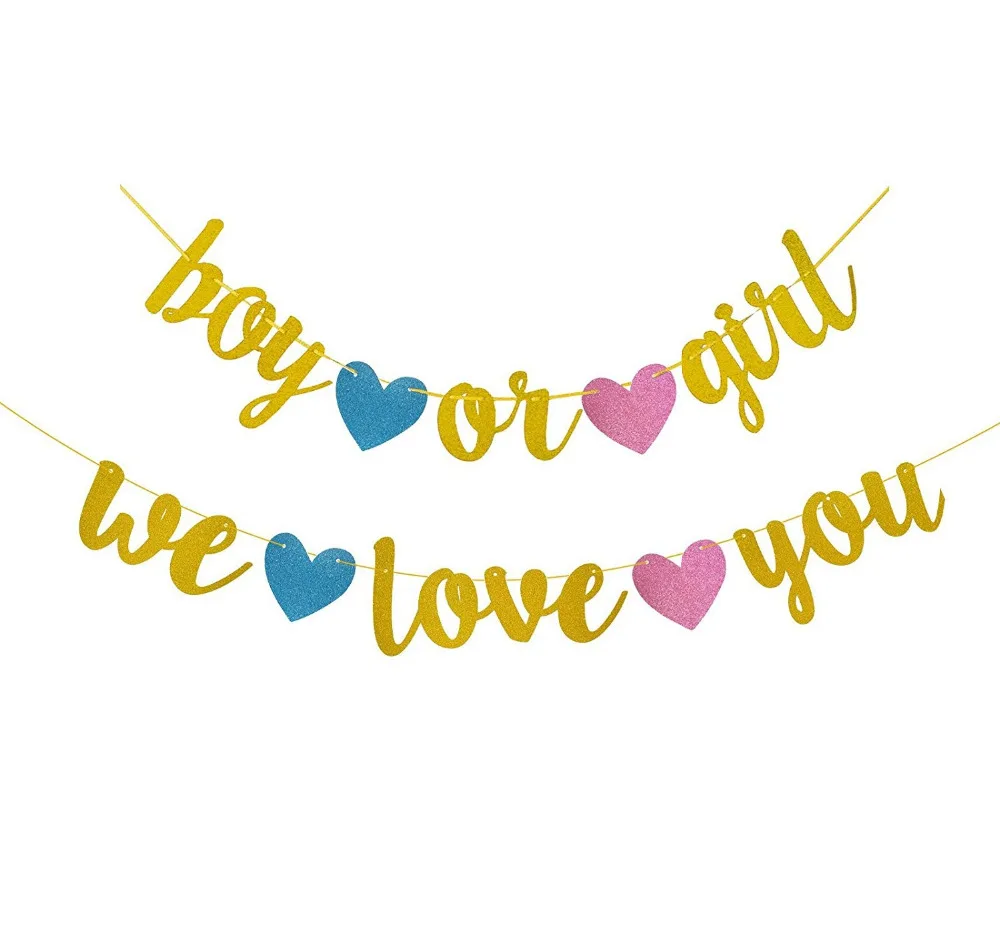 

Gender Reveal Party Gold Glittery Boy or Girl We love you Banner/Oh Baby/Oh Girl/Oh Boy Banner for Baby Shower Party