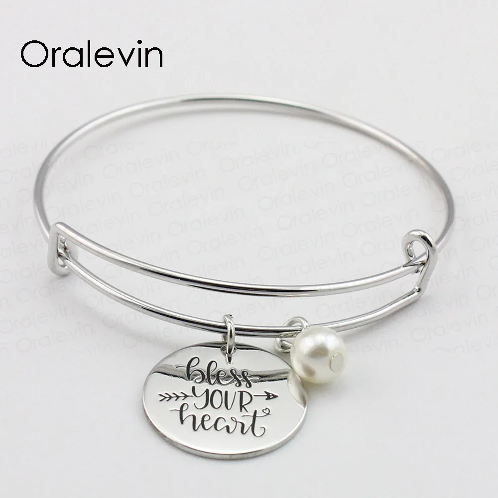 BLESS YOUR HEART Inspirational Hand Stamped Engraved Custom Pendant Expandable Wire Bracelet Fashion Jewelry 10Pcs/Lot #LN1965B | Украшения