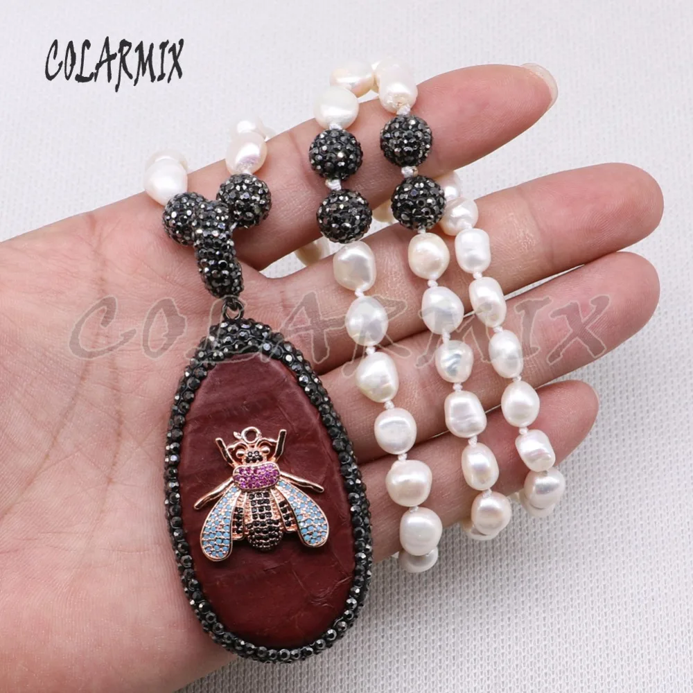 Handmade beaded necklace with Snakeskin Pendant &amp cute tiny bugs fresh water pearls High quality gift for lady 4112 | Украшения и
