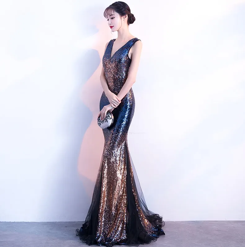 Robe De Soiree YIDINGZS длинное вечернее платье с v-образным вырезом и блестками, Сексуальные вечерние платья на выпускной, Новое поступление, YD1378