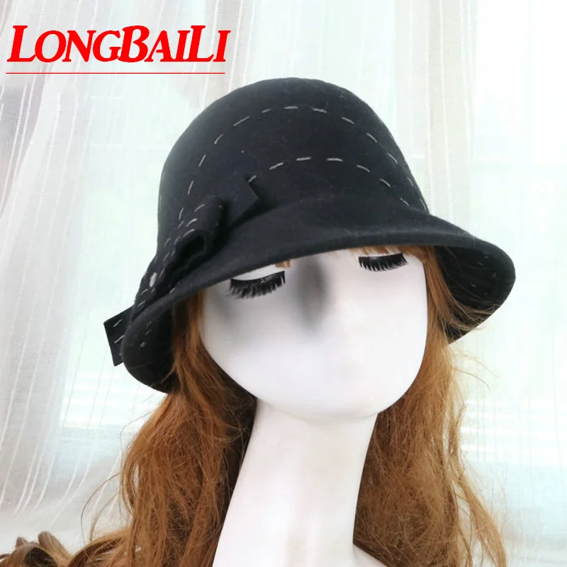 LongBaiLi Элегантные зимние шерстяные Клош шляпы для женщин фетровая шляпа-ведерко кепки женские PWFE052