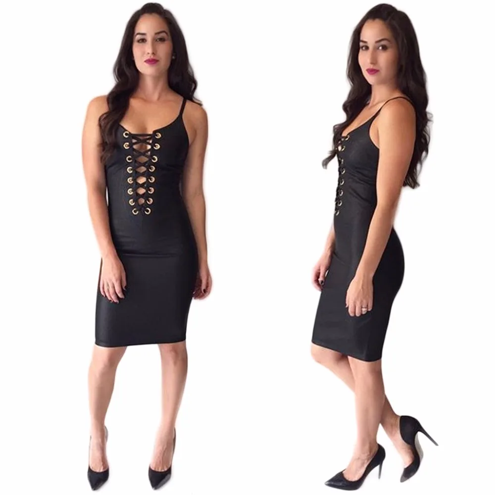 2017 Весна Сплошной Цвет Женщины Черное Платье Сексуальная ИСКУССТВЕННАЯ Кожа