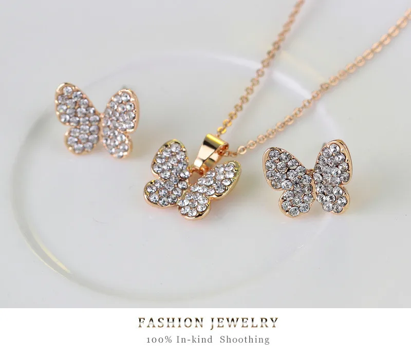 С изображением милой бабочки для девочек детские наборы ювелирных украшений, комплект из 4 предметов Модный с кристаллами, со стразами для детей, браслет, ожерелье, серьги комплект ювелирных изделий