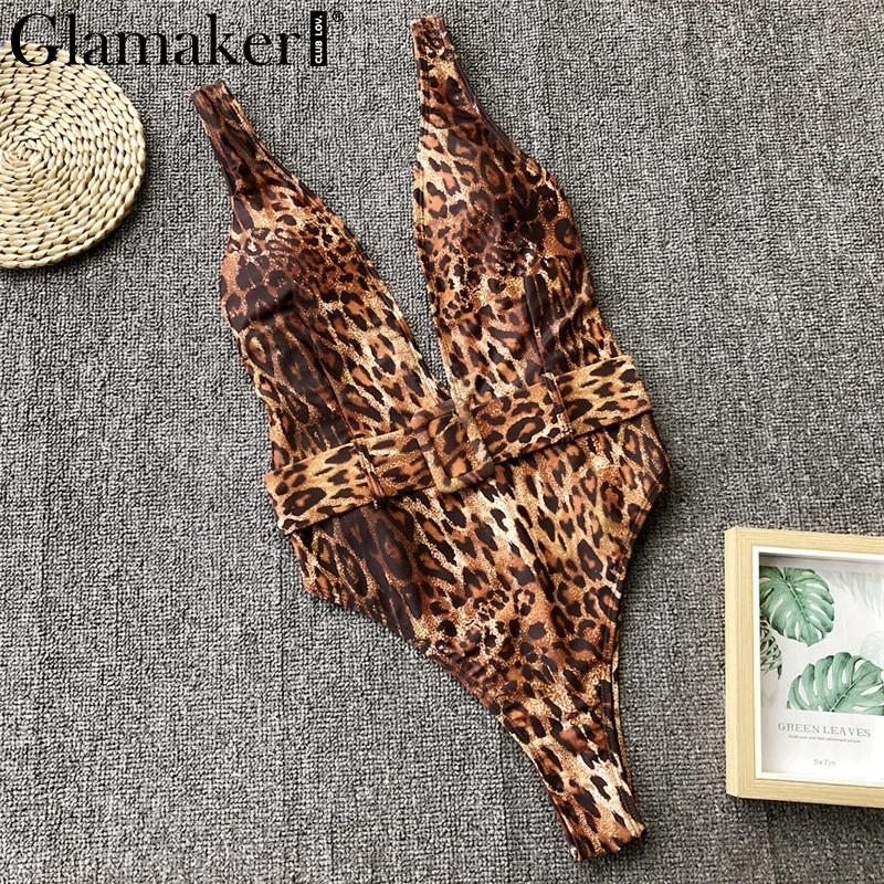 Glamaker Лето Цельный боди Леопардовый женский Глубокий v-образный вырез черный сексуальный боди Женский пояс облегающий купальник боди - Цвет: 1419-2