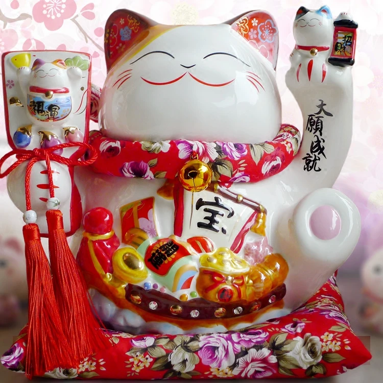 Черный Maneki Neko керамический счастливый кот с Lute украшения для домашнего декора