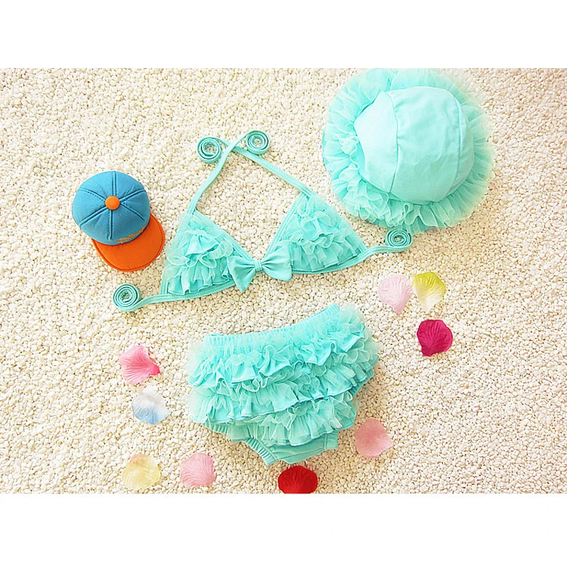 Lovely Girl Children Beachwear Swimsuit Solid Ruffled Summer Two Pieces Swimwear Child Girls Bathing Bikini Set With Swim Cap |