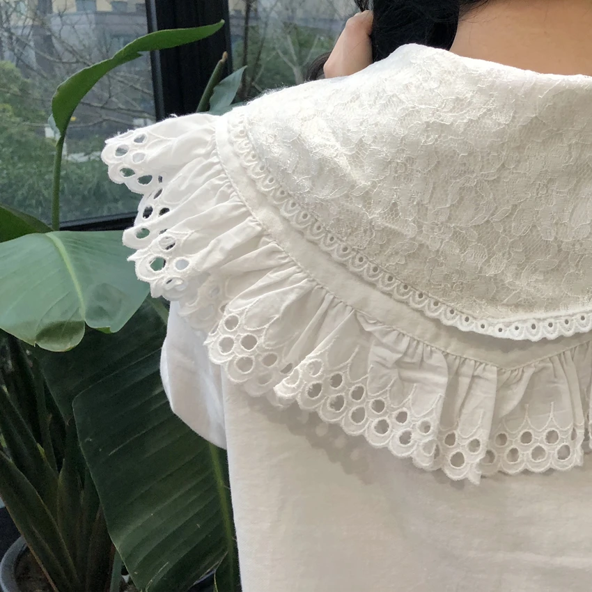 Sweet Doll Lace Collar Blouses Women Cute Loose Shirt Tops Long Sleeve Cotton White Shirts Selvedge Embroidery Lace stitching