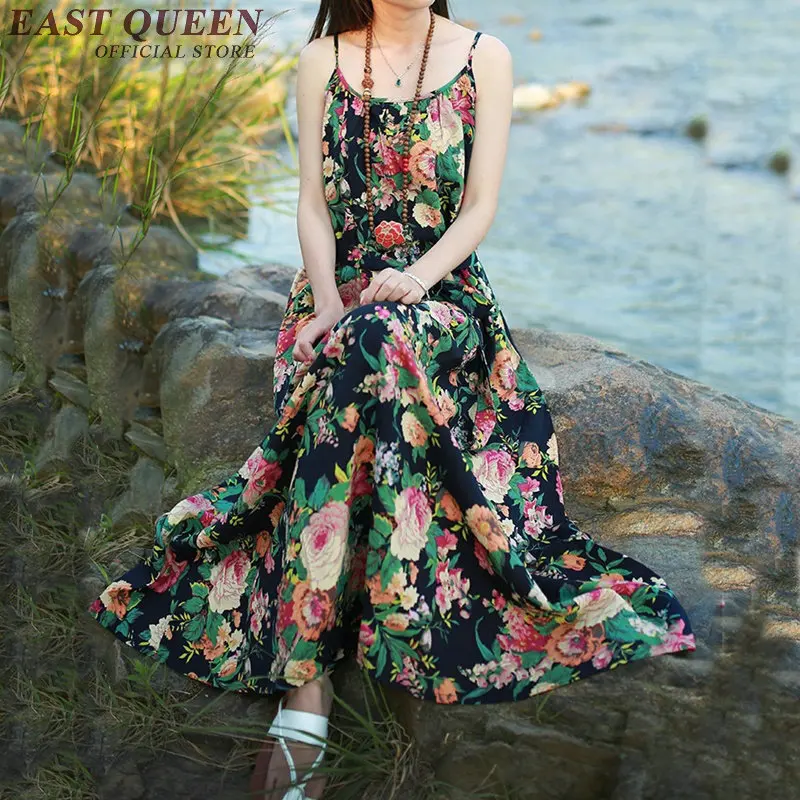 Цветочное длинное платье китайское традиционное льняные платья летние женские