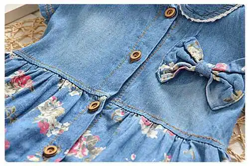 

Summer Leisure Style Children Girls Flower Jean Dress Baby Girls Cute Bow Denim Dress Kid Lapel Fashion Dress